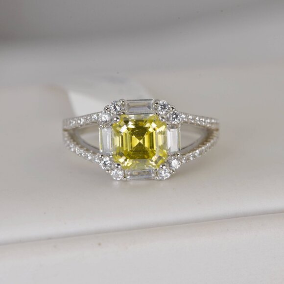 2ct Moissanite Engagement Ring Lemon Yellow Asscher Cut 925 Sterling - Picture 4 of 7
